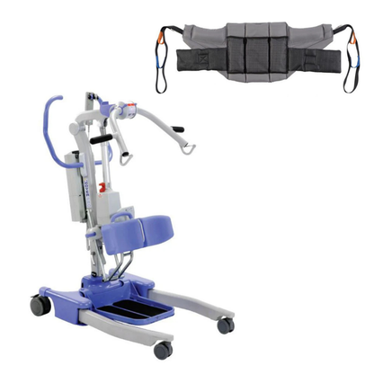 A Joerns Hoyer Journey® Sit-To-Stand Folding Electric Patient Lift with wheels and padded knee support is shown beside a gray transfer belt with handles, both designed to assist patient mobility and transfers.