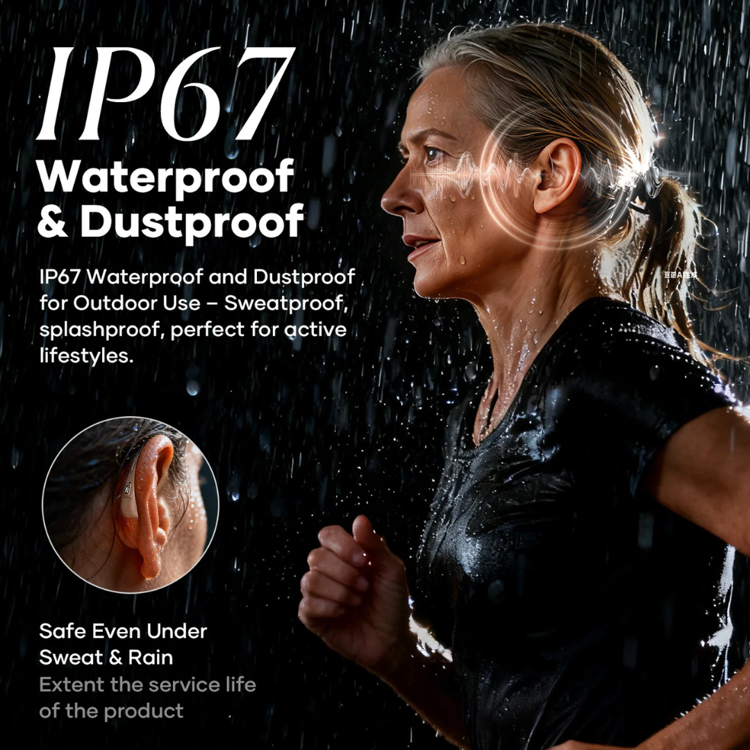 A woman jogs in the rain, water dripping from her face and body. The iBstone Edge Waterproof Mini-RIC Hearing Aids feature IP67 protection, keeping them safe from sweat, rain, and outdoor conditions for active lifestyles.