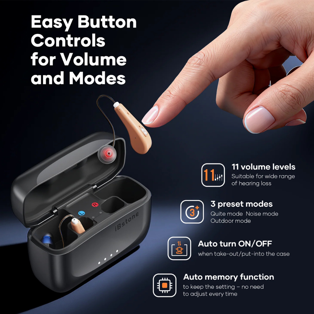A hand lifts the beige iBstone Edge Waterproof Mini-RIC Hearing Aid from a black charging case. Text highlights 11 volume levels, 3 preset modes, auto on/off, and memory function, with icons and brief descriptions for each feature.