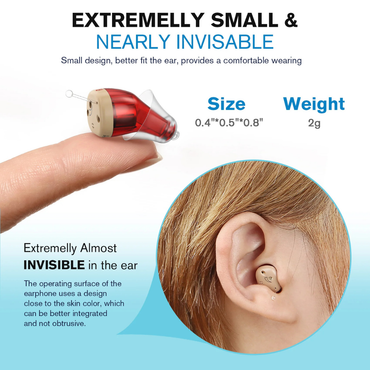 The iBstone K17 Rechargeable CIC Hearing Aids, shown on a fingertip and in-ear, are ultra-compact (0.4x0.5x0.8 inches), lightweight (2g), and nearly invisible with a skin-toned design for discreet use.