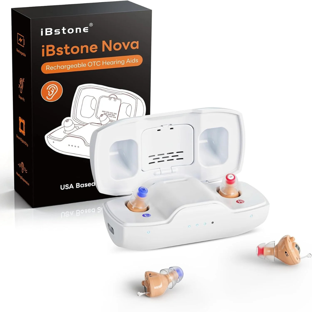 A pair of iBstone Nova Ultra Compact Hearing Aids with Onsemi digital chip, shown in a white charging case, with a black and orange product box behind and two individual digital hearing aids displayed in front.