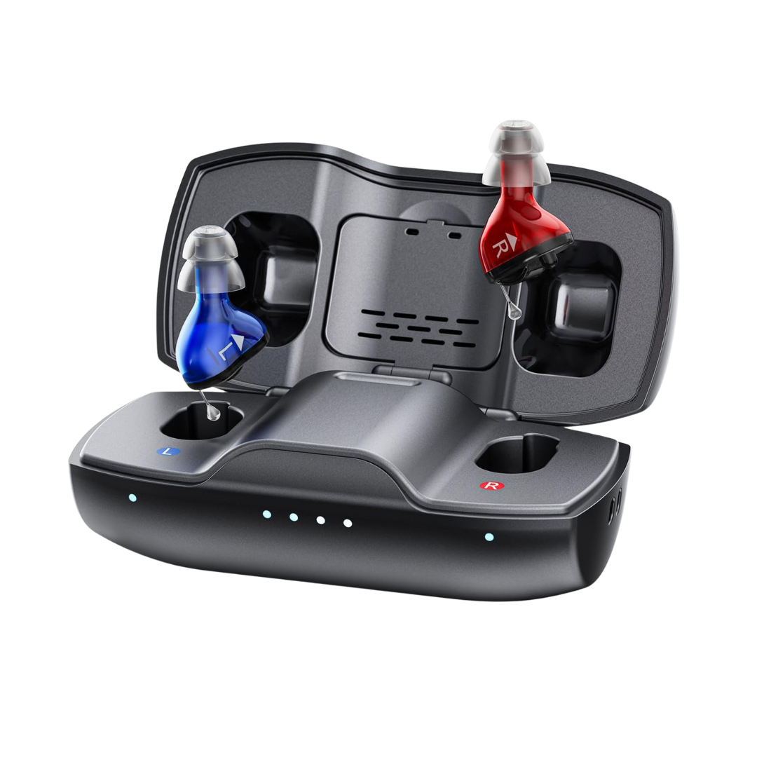 A pair of wireless earbuds, one blue and one red, rest in an open black charging case. The iBstone Nova Ultra Compact Hearing Aids feature an Onsemi digital chip, L and R labels, and indicator lights on the case.
