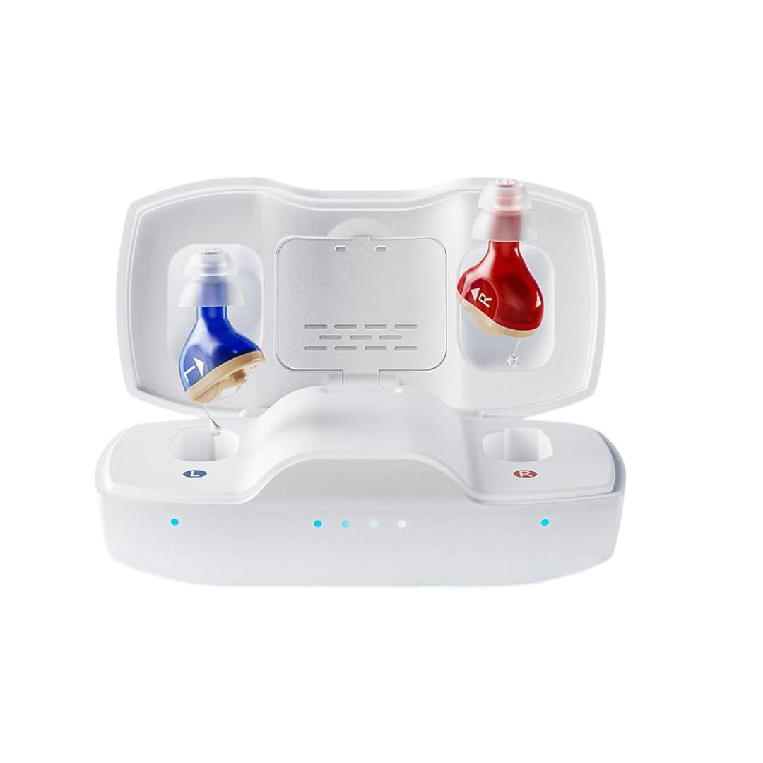 A white charging case holds iBstone Nova Ultra Compact Hearing Aids, each with an Onsemi digital chip. The left (blue) and right (red) in-ear devices have clear ear tips and colored markings to indicate their sides.