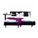 Two adjustable single beds side by side with white mattresses, black bases, and wheels. Each bed features a dark pillow, purple throw, and an iCare Medical Over Bed Tilting Table (height adjustable) serving food and drinks on one side.