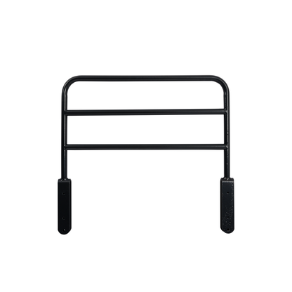 The iCare Medical Bed Safety Rails feature a black metal design with three horizontal bars and two bottom-mounted vertical plates, providing sturdy bedside support and effective fall prevention.