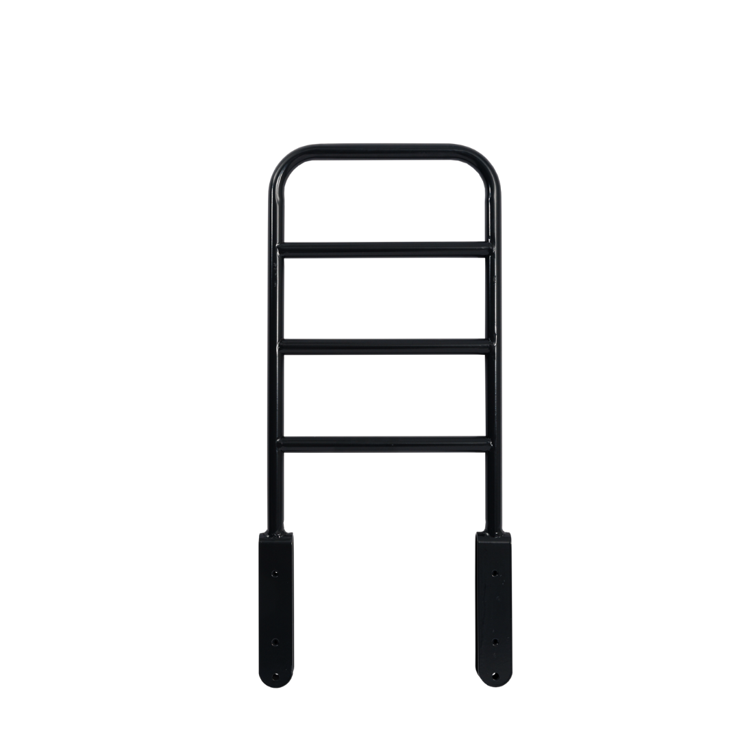 The iCare Medical Bed Safety Rails feature a black metal design with four horizontal rungs and two vertical support bars, offering sturdy bedside support and safety with flat mounting plates for easy wall or surface installation.