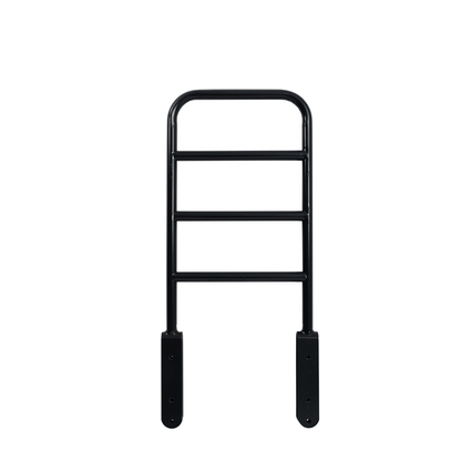 The iCare Medical Bed Safety Rails feature a black metal design with four horizontal rungs and two vertical support bars, offering sturdy bedside support and safety with flat mounting plates for easy wall or surface installation.