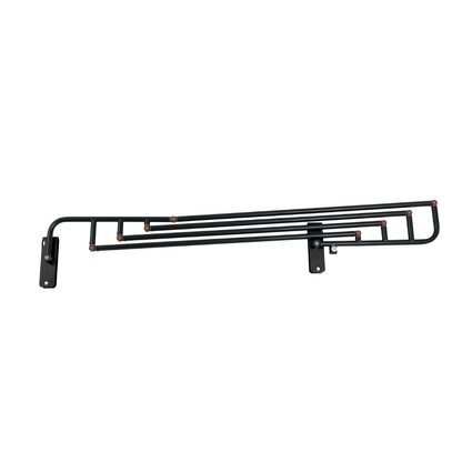 The iCare Medical Bed Safety Rails are black metal wall-mounted accordion-style racks with multiple horizontal bars and two mounting brackets, offering bedside support and fall prevention. The rack is shown extended in the image.