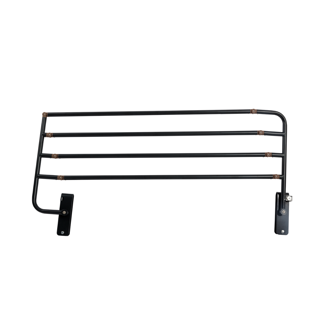 The iCare Medical Bed Safety Rails, featuring four horizontal black metal bars and two mounting plates, provide convenient bedside support; shown wall-mounted against a white background.
