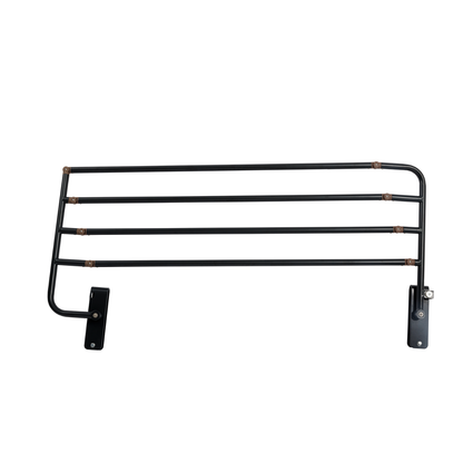 The iCare Medical Bed Safety Rails, featuring four horizontal black metal bars and two mounting plates, provide convenient bedside support; shown wall-mounted against a white background.
