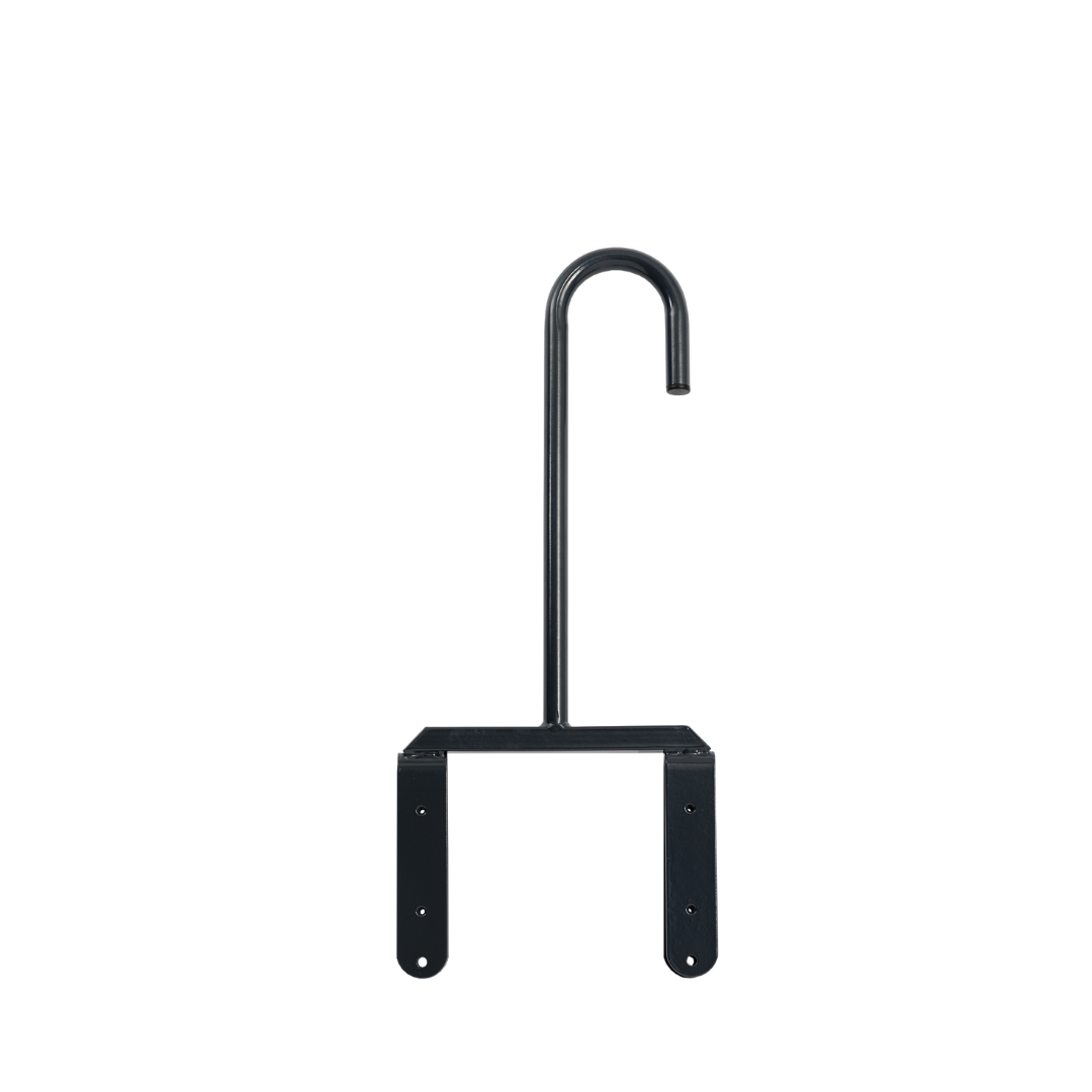 A black metal bracket with a U-shaped hook and two flat mounting arms, designed for surface attachment as part of the iCare Medical Bed Safety Rails system for fall prevention or bedside support.