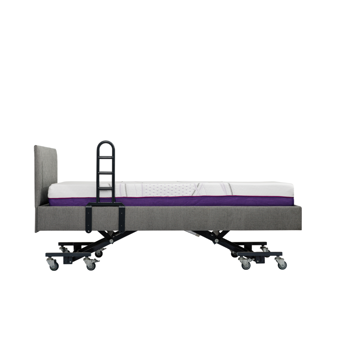 The iCare Medical Bed Safety Rails are shown installed on a grey hospital bed with a mattress and four caster wheels, viewed from the side against a white background, providing extra fall prevention.