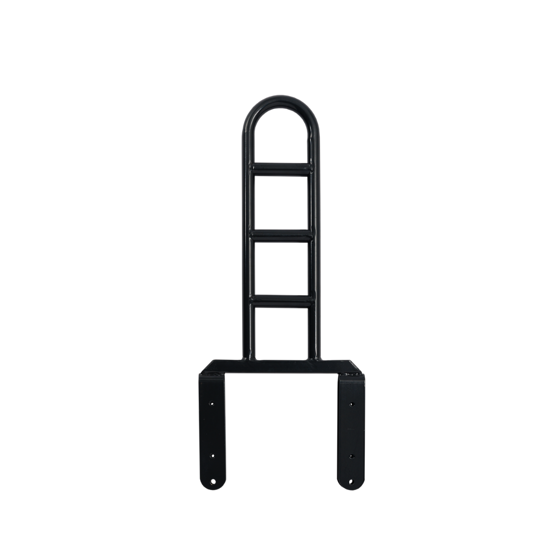 The iCare Medical Bed Safety Rails feature a black metal vertical handle with four rungs and two bottom mounting brackets, providing sturdy bedside support and helping prevent falls when installed on a surface.