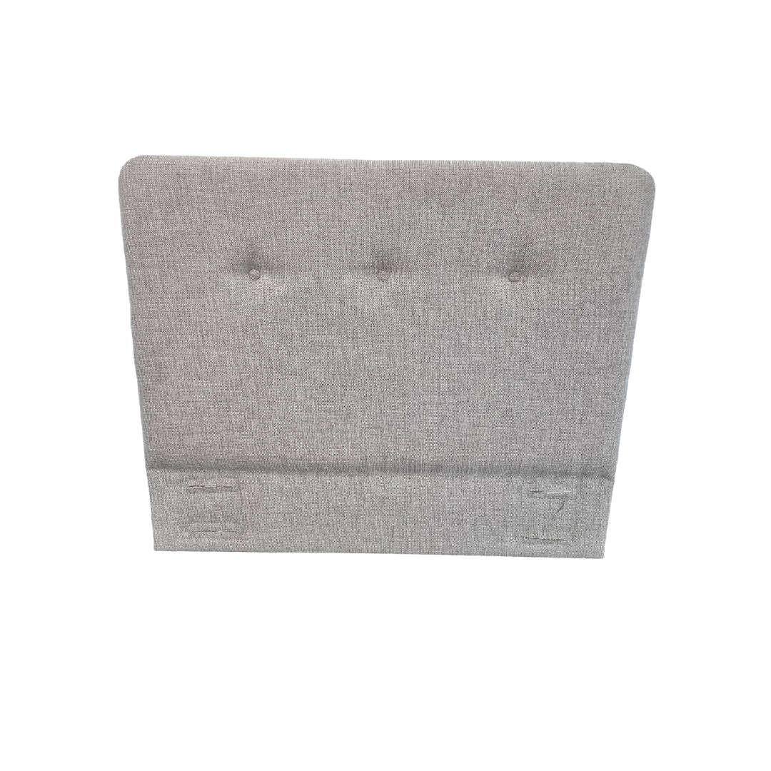 The iCare Medical Headboard and Footboards for iCare Beds has a light gray upholstered finish, three buttons at the top center, and two fabric loops near the bottom. Shown isolated on a white background.