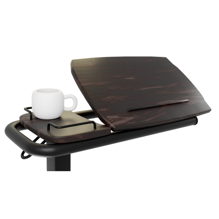 The iCare Medical Over Bed Tilting Table features a dark wood adjustable angled surface with a tablet slot, flat area for your mug secured by a metal rail, and is supported by a sleek black metal frame for versatile use.
