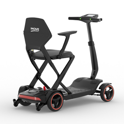 A black iMOVE AirCarbon Folding Carbon Fiber Scooter with a seat and tiller, viewed from the rear three-quarter angle.
