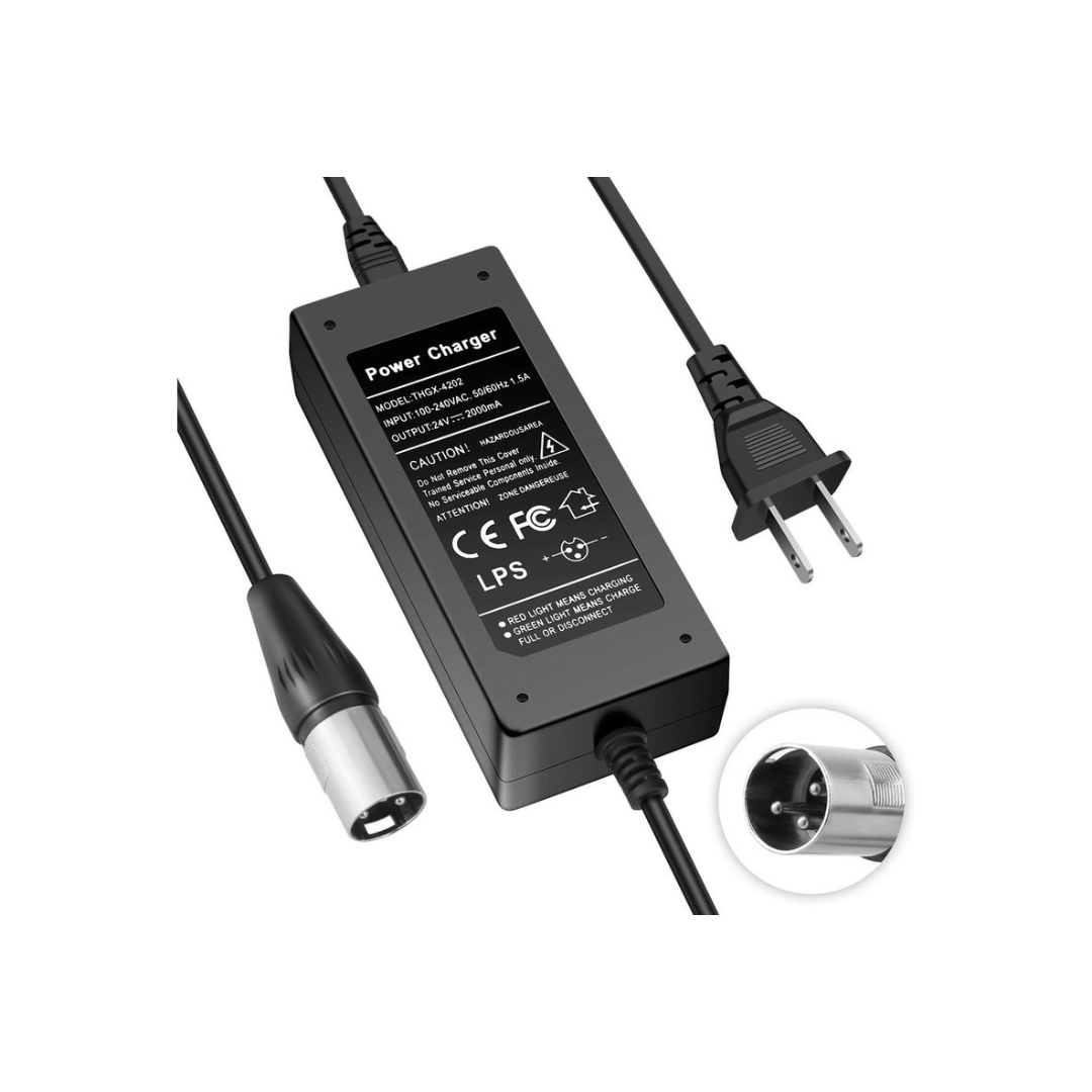 Black power charger brick for the iMOVE AirCarbon Folding Carbon Fiber Scooter, featuring a standard two-prong wall plug and a circular three-pin connector.