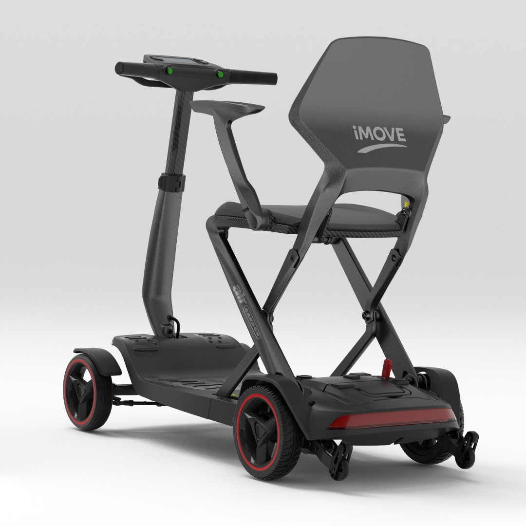A rear view of a dark gray iMOVE AirCarbon Folding Carbon Fiber Scooter featuring a seat and backrest.
