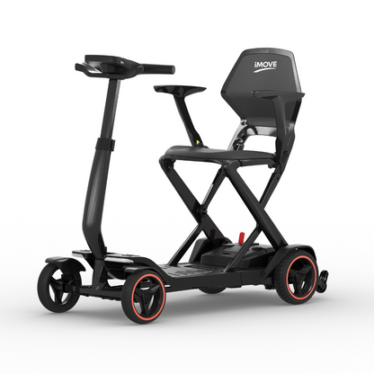 IMOVE AirCarbon Folding Carbon Fiber Scooter in black, featuring a seat and orange wheel accents.