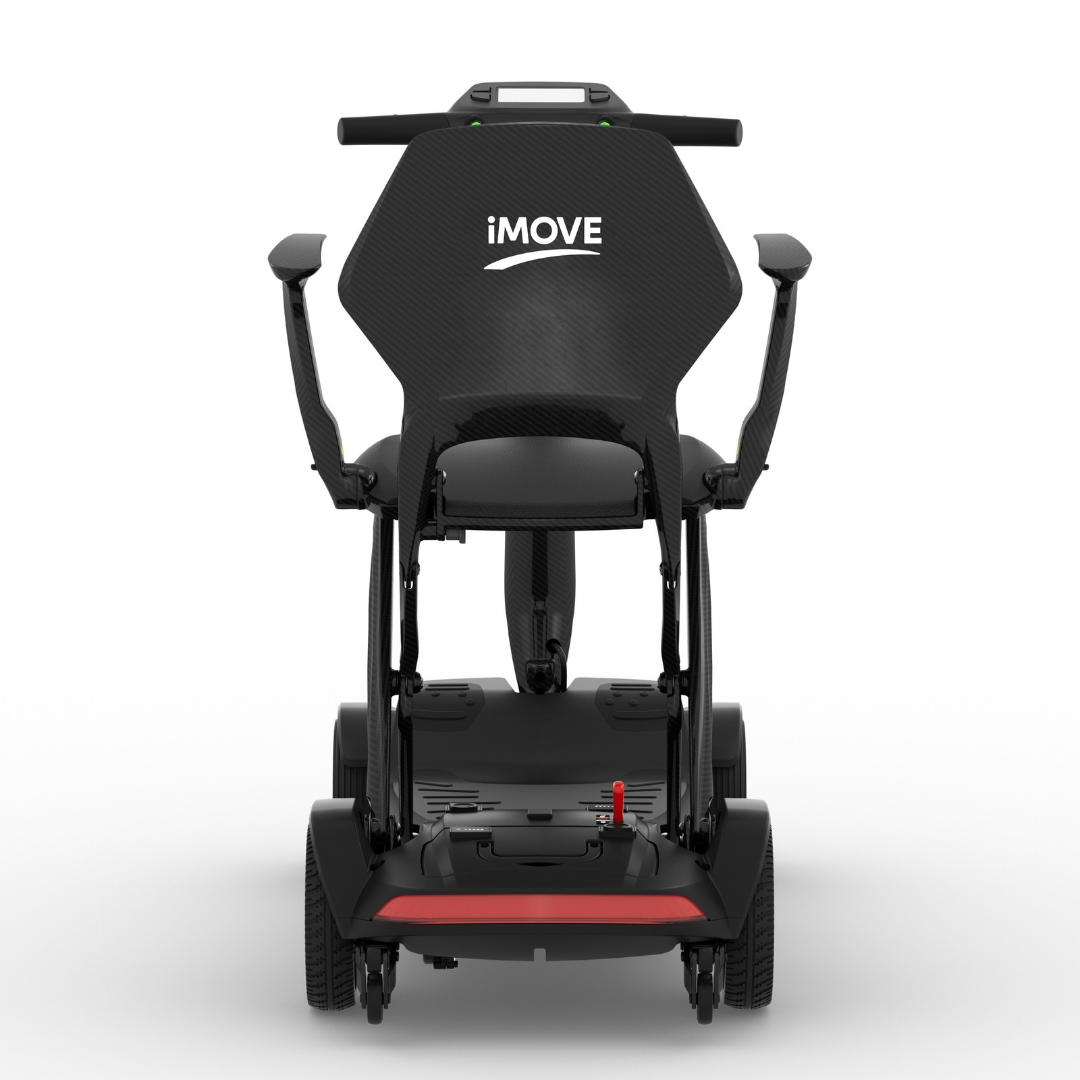 Rear view of a black iMOVE AirCarbon Folding Carbon Fiber Scooter featuring a carbon fiber-style seat back with the iMOVE logo.