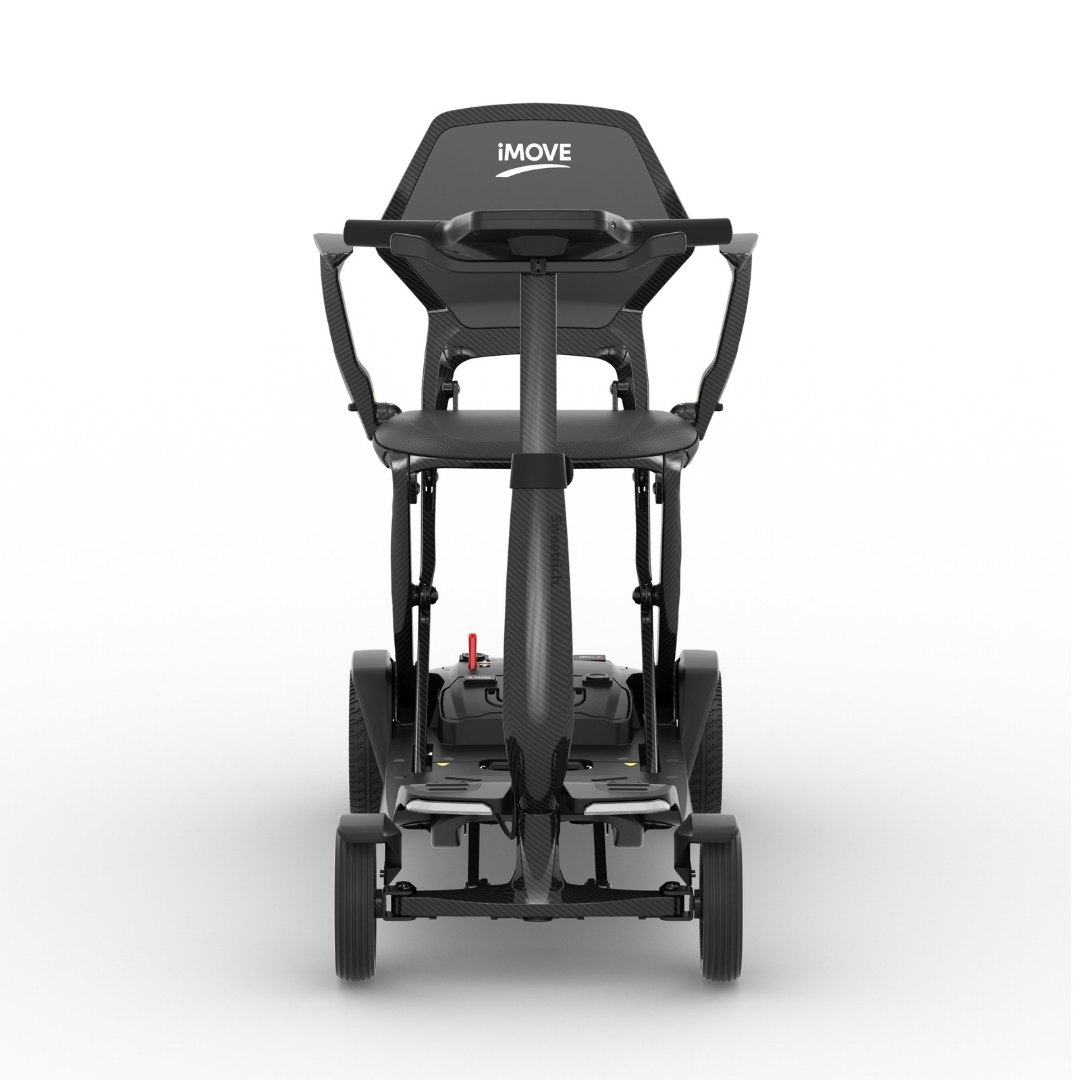 Black iMOVE AirCarbon Folding Carbon Fiber Scooter shown from a rear-facing perspective.