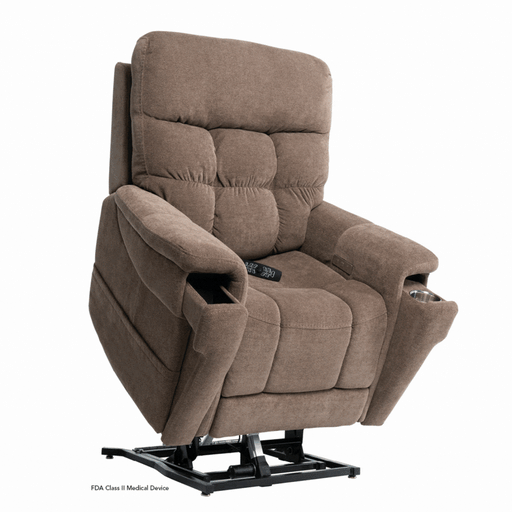 The Pride VivaLift Ultra PLR4955 Recliner with Lift Assist, Heat and Massage in brown fabric features a plush cushioned back, armrests, built-in cup holder, side pocket, remote control, and VivaLift technology, shown raised on a metal base.
