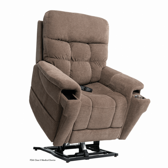 The Pride VivaLift Ultra PLR4955 Recliner with Lift Assist, Heat and Massage in brown fabric features a plush cushioned back, armrests, built-in cup holder, side pocket, remote control, and VivaLift technology, shown raised on a metal base.