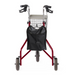 The Medline 3-Wheel Steel Rollator in red features a foldable frame, all-terrain wheels, black handles, a black storage pouch, a white padded seat, and a small wire basket. The walker is set against a plain white background.