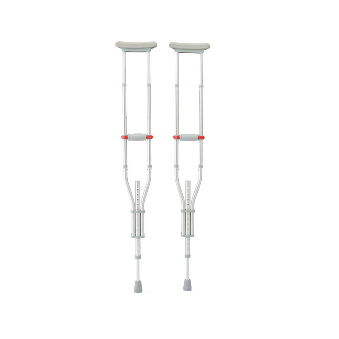 A pair of Medline Universal Folding Crutches with padded underarm supports, hand grips, and rubber tips stand upright against a plain white background, highlighting their adjustable and versatile design.