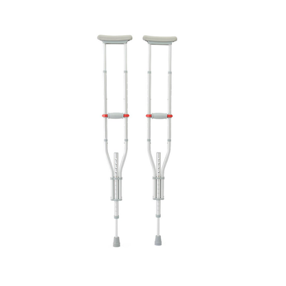 A pair of Medline Universal Folding Crutches with padded underarm supports, hand grips, and rubber tips stand upright against a plain white background, highlighting their adjustable and versatile design.