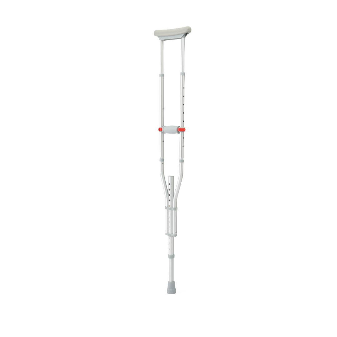 The Medline Universal Folding Crutches, featuring an underarm pad, adjustable height, red locking mechanism, and rubber tip at the bottom, stand upright against a white background.