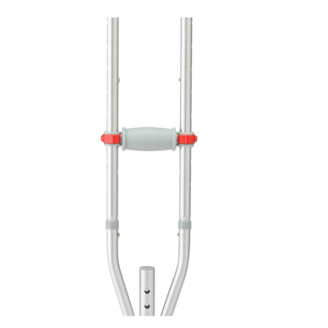 A close-up of the upper section of Medline Universal Folding Crutches shows a gray handle and red adjustment knobs against a white background.