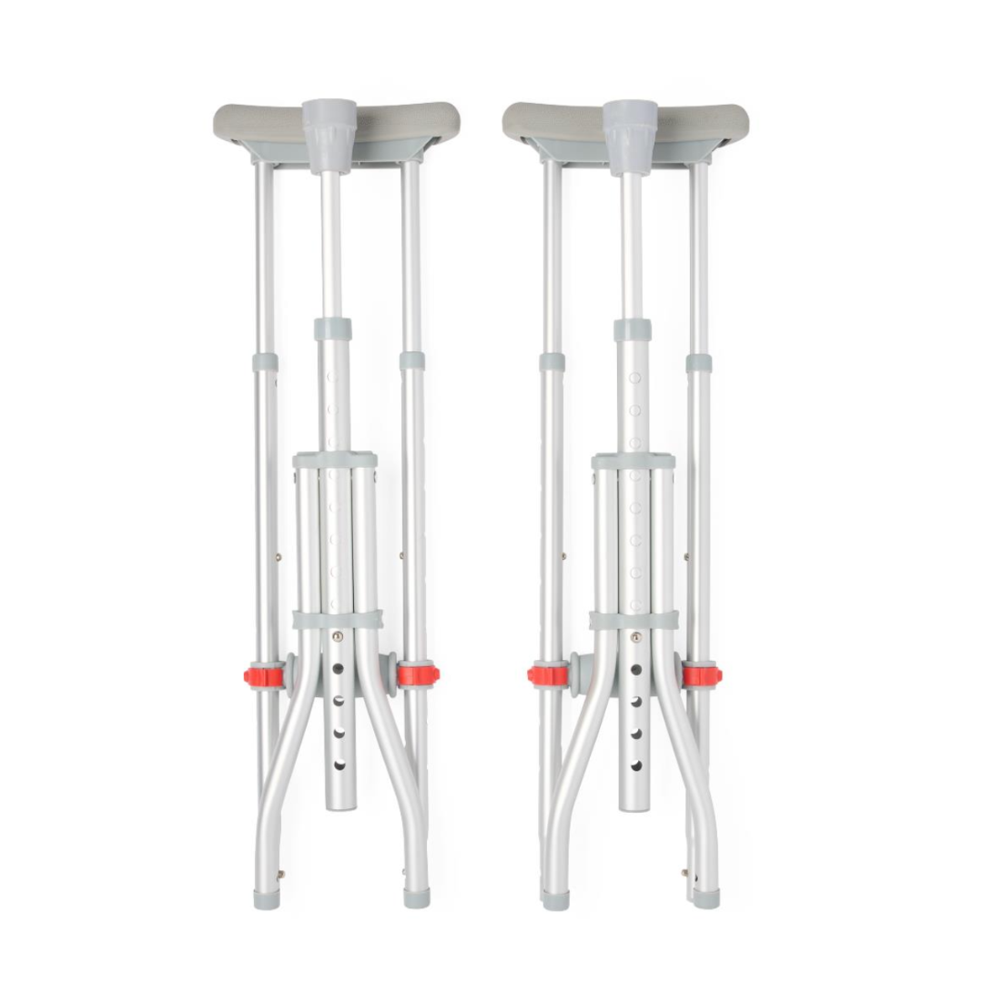 The Medline Universal Folding Crutches feature gray handles and underarm pads with red and gray adjustment mechanisms for easy customization.