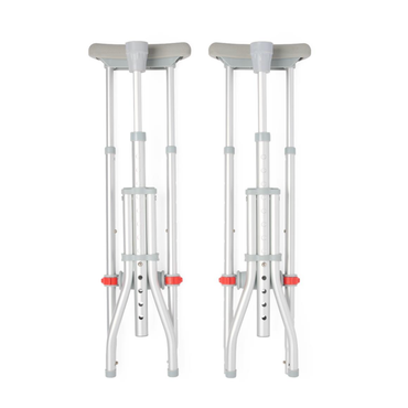 The Medline Universal Folding Crutches feature gray handles and underarm pads with red and gray adjustment mechanisms for easy customization.