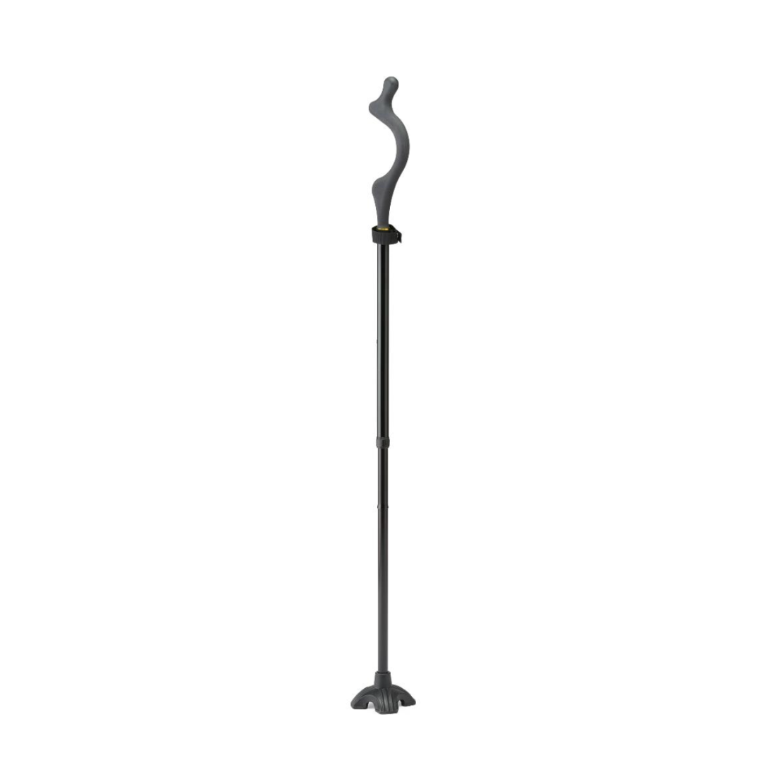 The Medline Posture Promoting Foldable Cane, featuring a black shaft, an ergonomic sculpted gray handle, and a wide stable base for support, is shown against a plain white background.