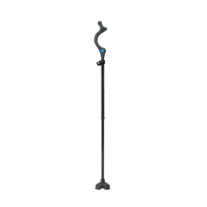 The Medline Posture Promoting Foldable Cane is a black cane with an ergonomic curved handle, adjustable height, and a four-pronged stable base for extra support, designed to improve posture and aid mobility.
