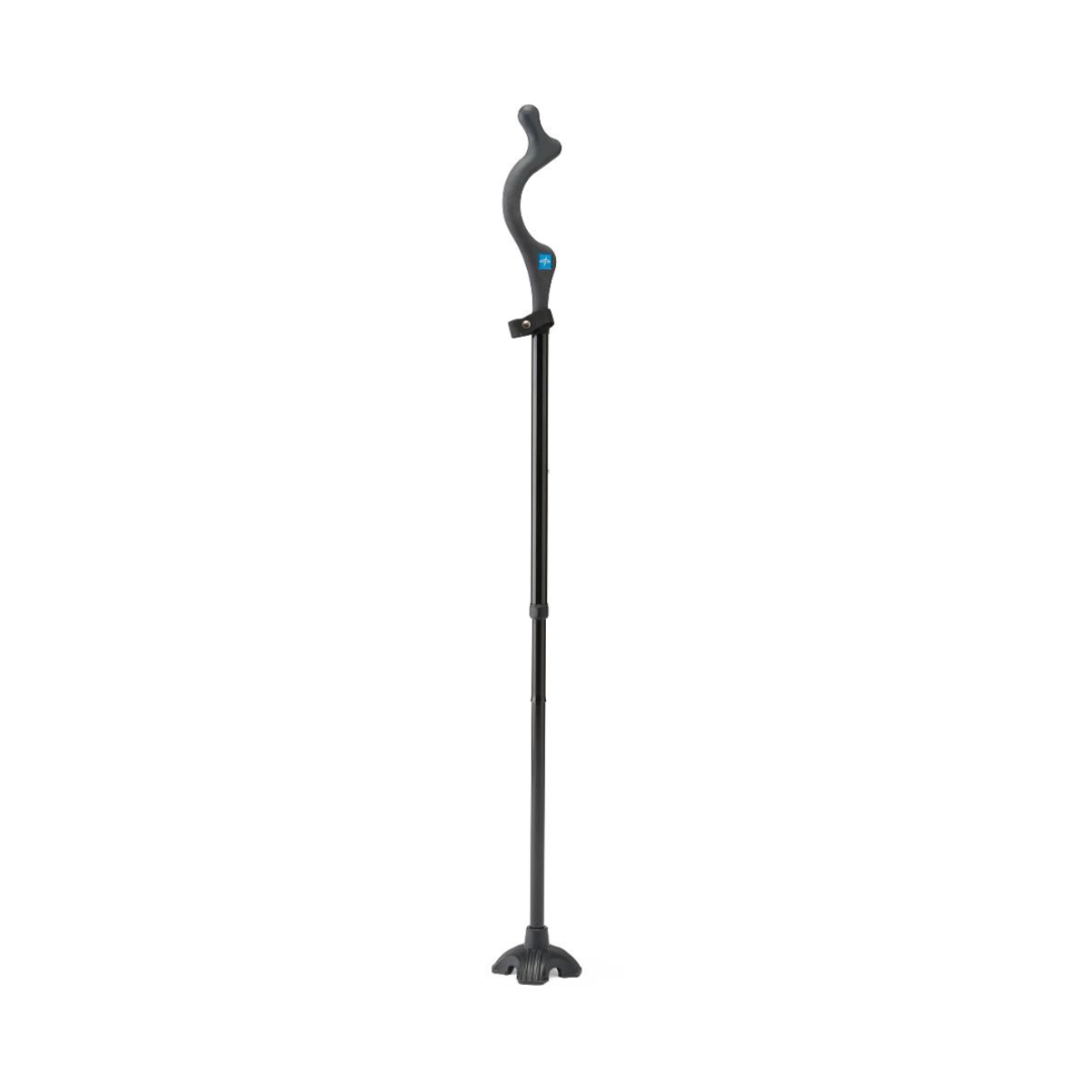 A black Medline Posture Promoting Foldable Cane with an ergonomic curved handle and a four-pronged base for stability stands upright against a plain white background.