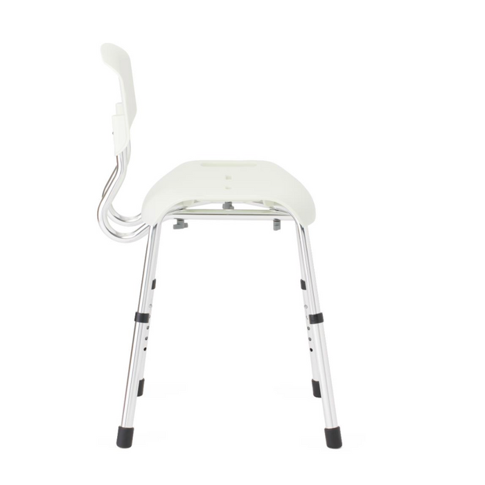 Side view of the Medline Modern Shower Chair with Backrest - Microban Treated, showcasing its white finish, curved backrest, and metallic legs. The minimalistic design includes black rubber leg tips for stability and an adjustable seat height for enhanced comfort.