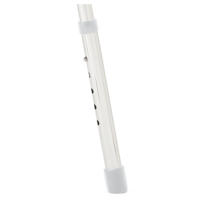 A close-up of a silver cane, similar to the adjustable height mechanism of the Medline Modern Shower Chair with Backrest - Microban Treated, is shown against a white background. It features adjustment holes and a white plastic tip, highlighting its sleek design.