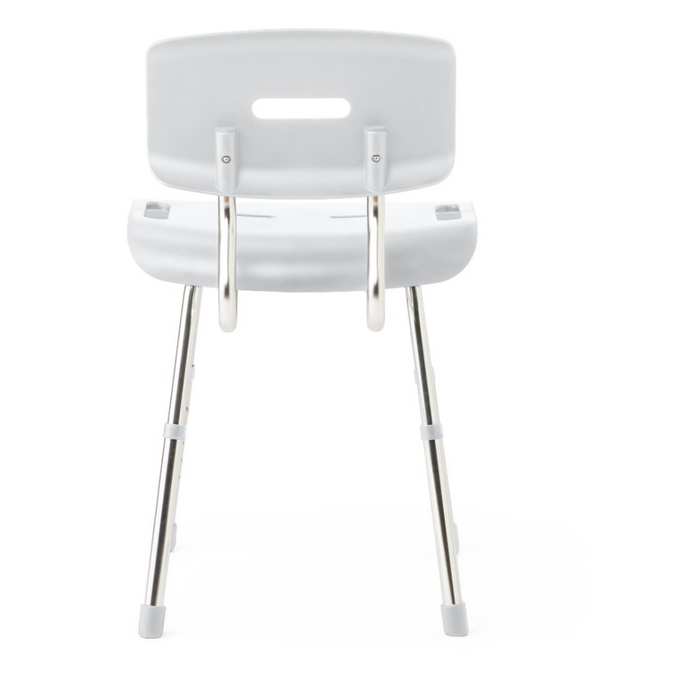 The Medline Modern Shower Chair with Backrest is designed in white, featuring a supportive backrest and armrests. It has four metal legs with rubber tips for stability and is treated with Microban antimicrobial protection for added safety and functionality in your bathroom experience.