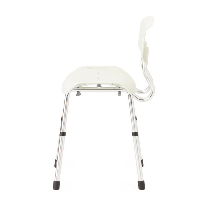 The Medline Modern Shower Chair with Backrest has a U-shaped white seat, metal legs, and Microban antimicrobial protection. It offers adjustable height and rubber-tipped legs for stable, safe, and hygienic bathroom use.