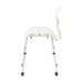 The Medline Modern Shower Chair with Backrest has a U-shaped white seat, metal legs, and Microban antimicrobial protection. It offers adjustable height and rubber-tipped legs for stable, safe, and hygienic bathroom use.