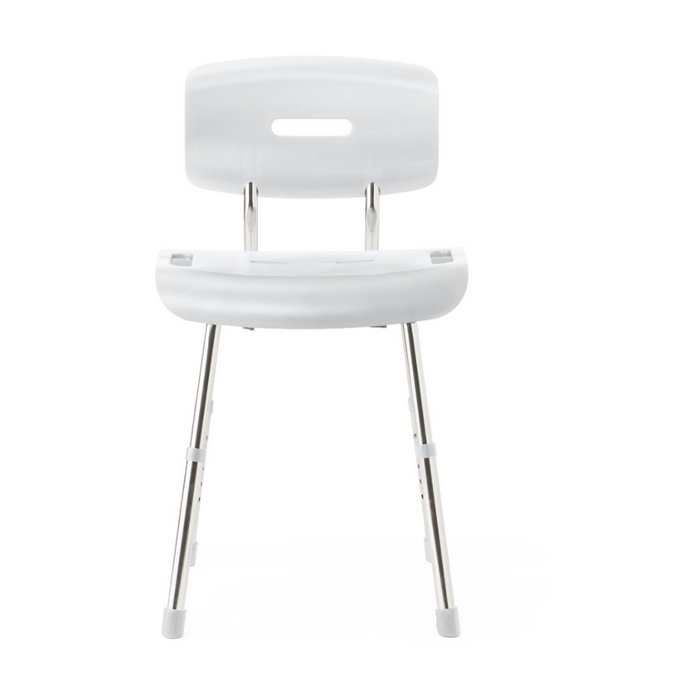 The Medline Modern Shower Chair with Backrest features a white plastic design, a backrest with a cut-out handle for easy carrying and adjusting, four metal legs for stability, adjustable seat height for comfort, and Microban antimicrobial protection to maintain cleanliness.