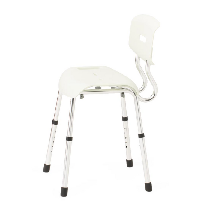 The Medline Modern Shower Chair with Backrest features a metal frame, white plastic backrest and seat with Microban protection, four legs with rubber tips for stability, adjustable seat height, and a cutout handle in the backrest for easy carrying.