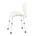 The Medline Modern Shower Chair with Backrest features a metal frame, white plastic backrest and seat with Microban protection, four legs with rubber tips for stability, adjustable seat height, and a cutout handle in the backrest for easy carrying.