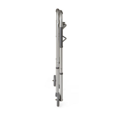 The Medline Guardian Two-Button Folding Walker with 5 wheels features black rubber grips, a lightweight aluminum frame, and is shown folded from the side against a white background.