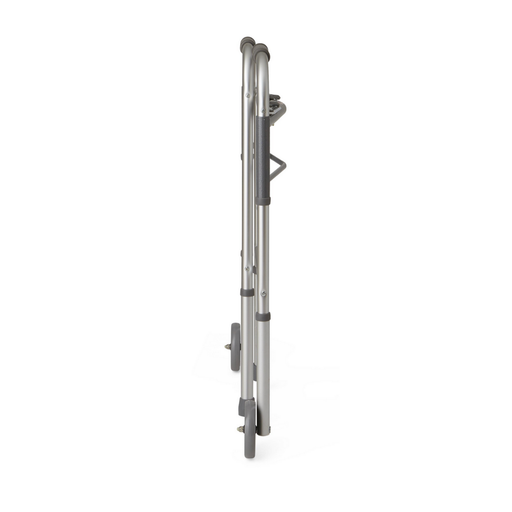 The Medline Guardian Two-Button Folding Walker with 5 wheels features black rubber grips, a lightweight aluminum frame, and is shown folded from the side against a white background.