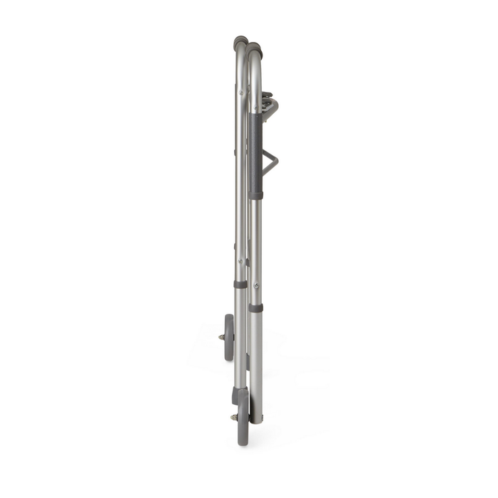 The Medline Guardian Two-Button Folding Walker with 5 wheels features black rubber grips, a lightweight aluminum frame, and is shown folded from the side against a white background.