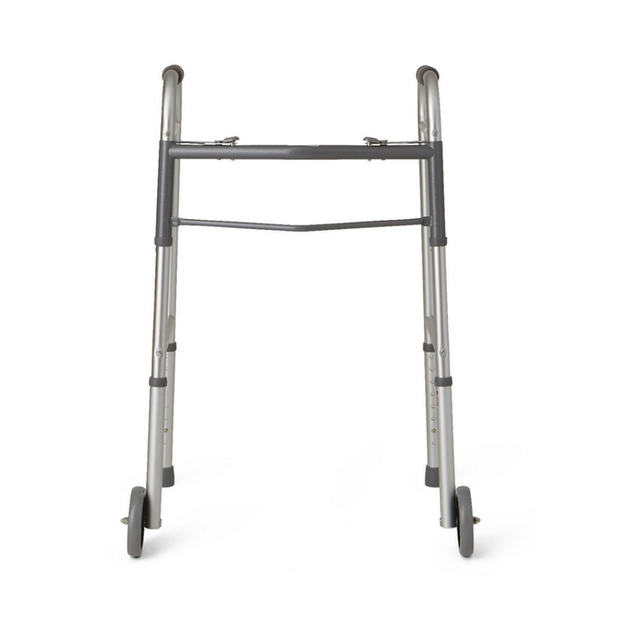 The Medline Guardian Two-Button Folding Walker has a lightweight aluminum frame, two 5 front wheels, and two rear legs without wheels, providing support and mobility assistance.