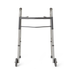 The Medline Guardian Two-Button Folding Walker has a lightweight aluminum frame, two 5 front wheels, and two rear legs without wheels, providing support and mobility assistance.